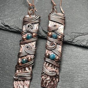 Long Copper and Teal Apatite Crystal Swirling Wire Wrapped Dangle Boho Earrings